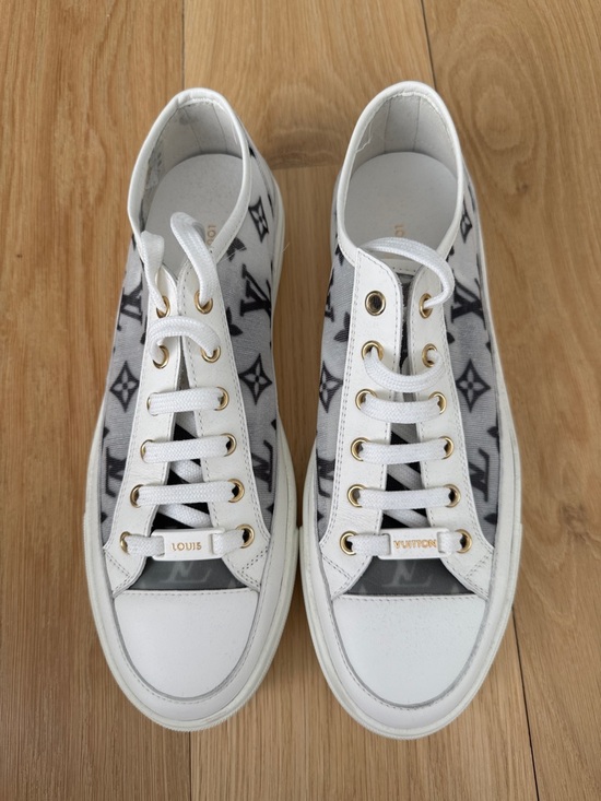 Louis Vuitton White & Gray Monogram Canvas Sneakers with Gold Eyelets - Picture 4 of 5